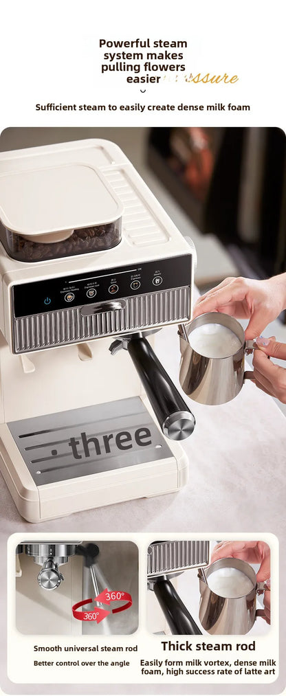 3-in-1 coffee machine grinds coffee beans+steam milk foam +15Bar espresso automatic cleaning, 20-gear grinding, LCD touch screen