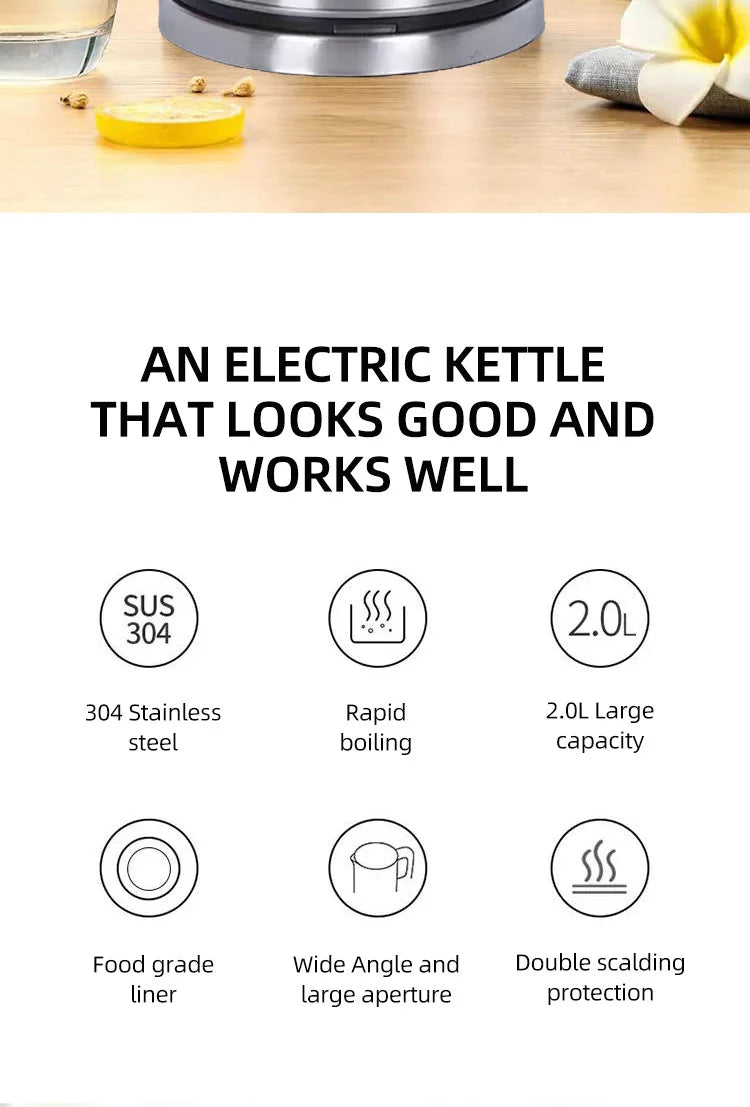 Household 2L Large Capacity Electric Kettle 304 Stainless Steel Double Layer Protection Quick Boiling Water Kettle