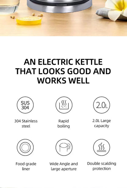 Household 2L Large Capacity Electric Kettle 304 Stainless Steel Double Layer Protection Quick Boiling Water Kettle