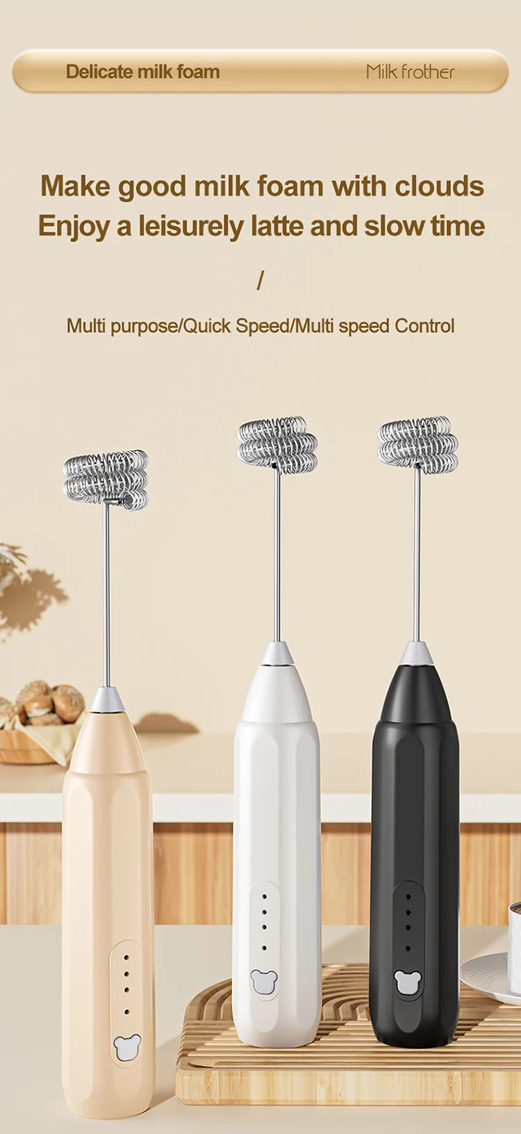 MINI Coffee Frother USB Rechargeable 3 Speeds Foam Maker Coffee Milk Mixer Electric Handle Blender Egg Beater Hot Cooking Tools