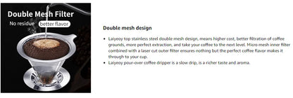 Pour Over Coffee Dripper,Slow Drip Paperless Coffee Filter,Stainless Steel Pour Over Coffee Maker,Double Mesh Design,Reusable
