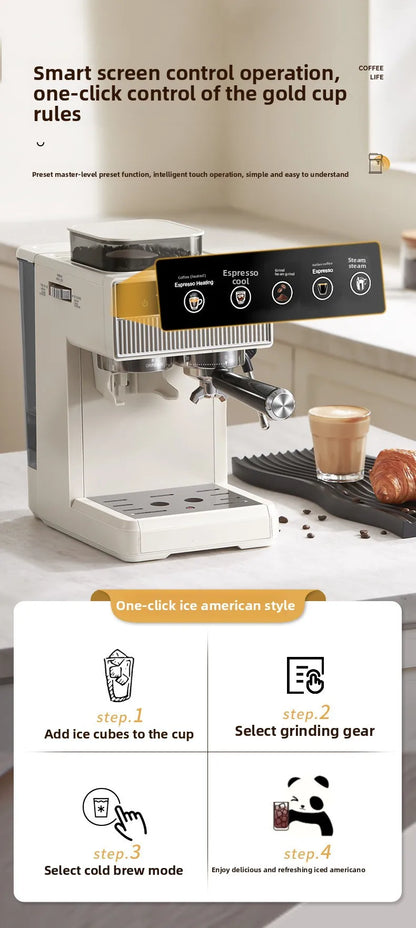 3-in-1 coffee machine grinds coffee beans+steam milk foam +15Bar espresso automatic cleaning, 20-gear grinding, LCD touch screen