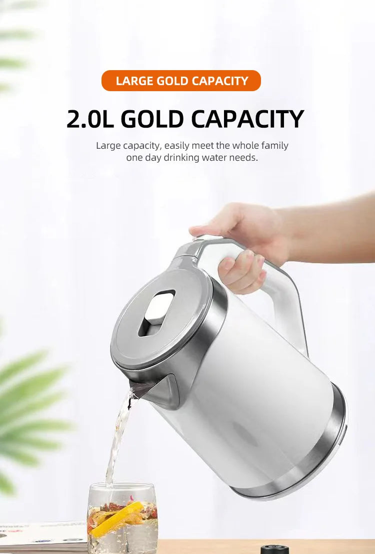 Household 2L Large Capacity Electric Kettle 304 Stainless Steel Double Layer Protection Quick Boiling Water Kettle