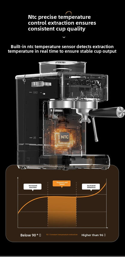3-in-1 coffee machine grinds coffee beans+steam milk foam +15Bar espresso automatic cleaning, 20-gear grinding, LCD touch screen